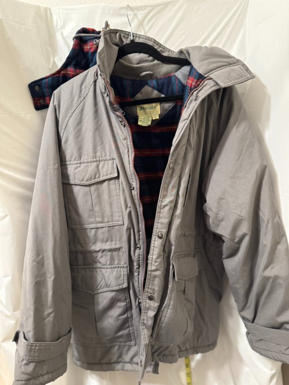 Vintage St Johns Bay Mens Medium M Grey Winter Parka Coat Plaid Lined Insulated